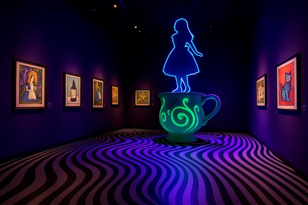 Exposition immersive inspirée d’Alice au pays des merveilles dans un musée