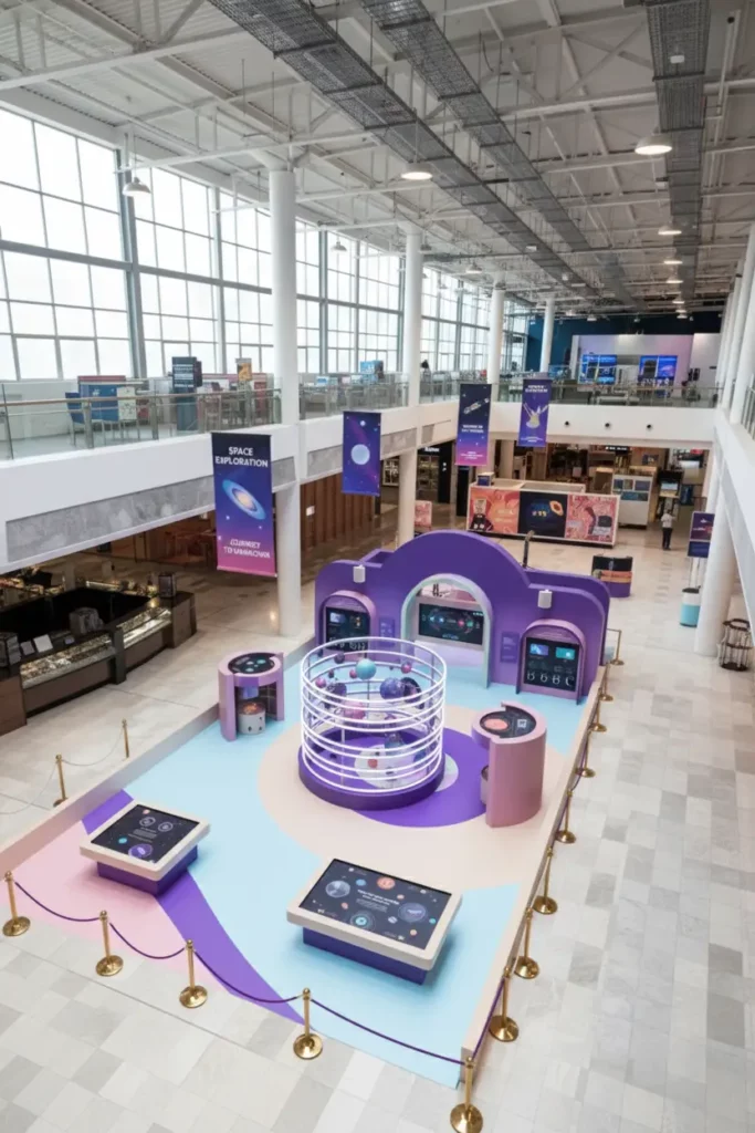 Scénographie d'une exposition sur l'espace dans un centre commercial