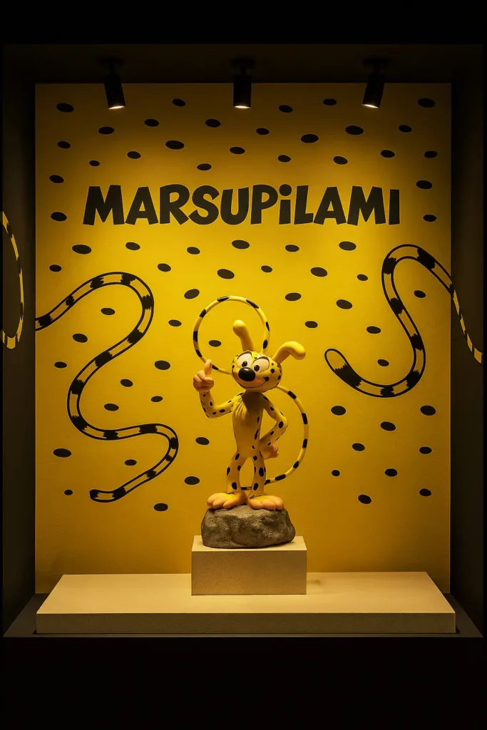 Une vitrine avec une sculpture Marsupilami