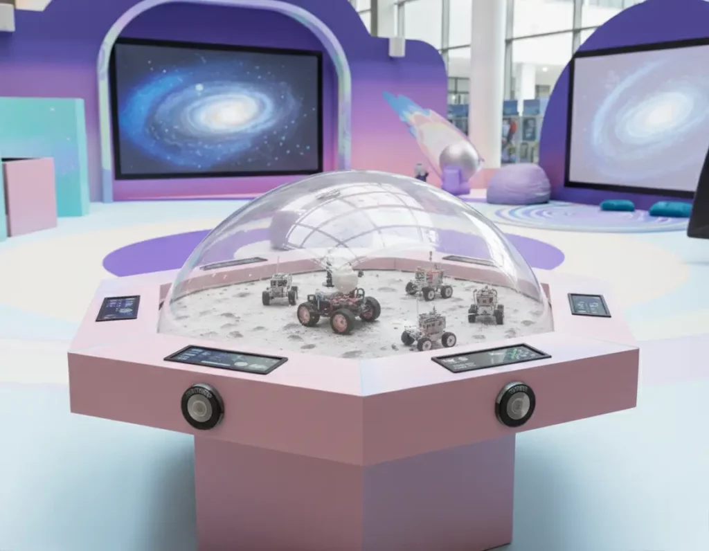Décor spatial pour une exposition sur l’espace dans un musée