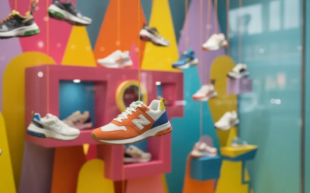 Une chaussure suspendu dans une vitrine de magasin de chaussure.