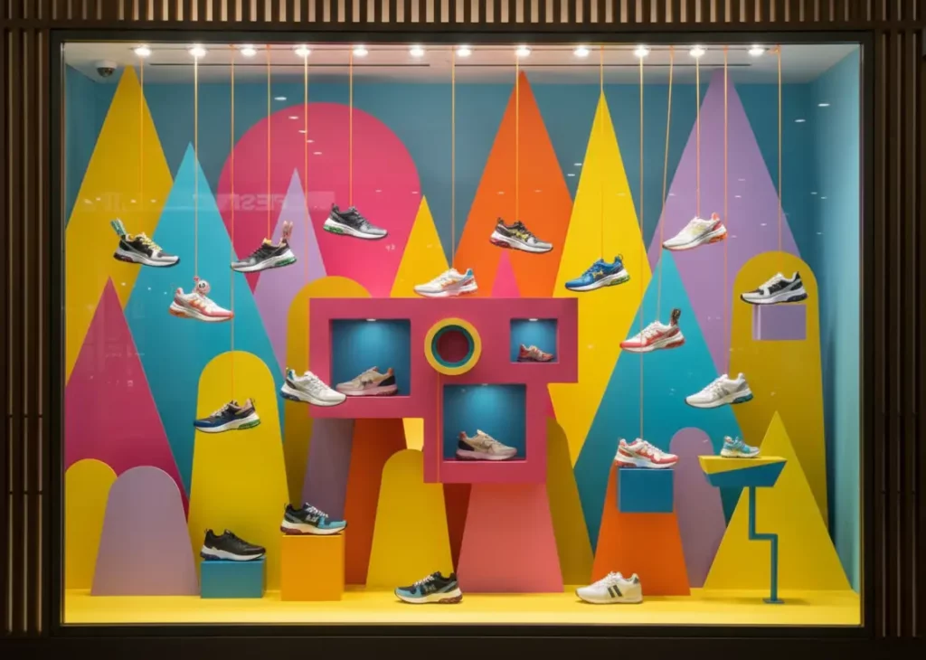 scénographie d'une vitrine de boutique avec des baskets