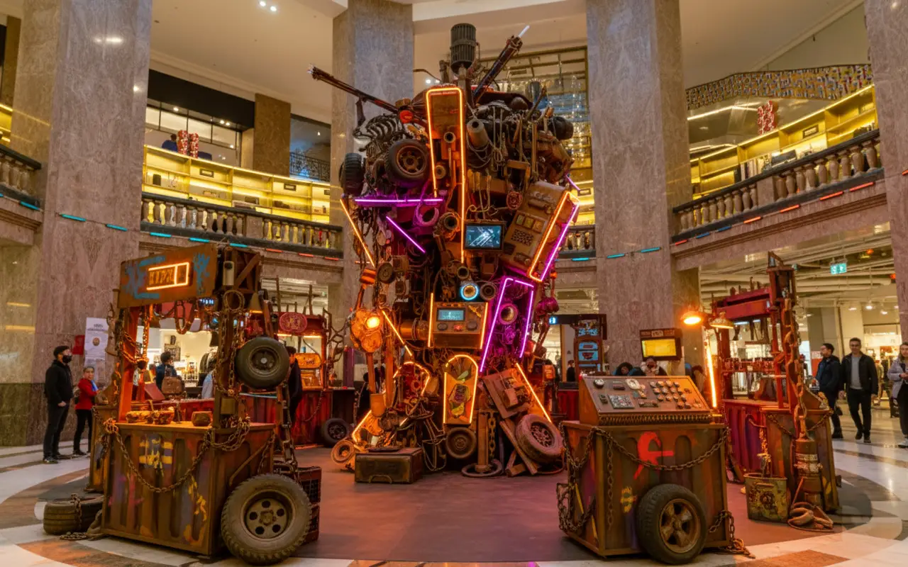Un décor style madmax dans un centre commercial.