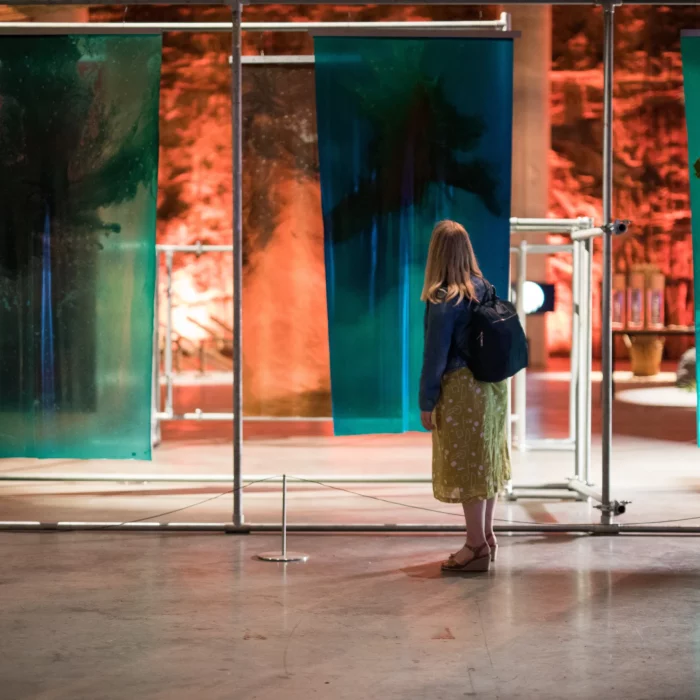 femme devant oeuvre Une femme est devant une œuvre dans une exposition immersive à la scénographie soignée.