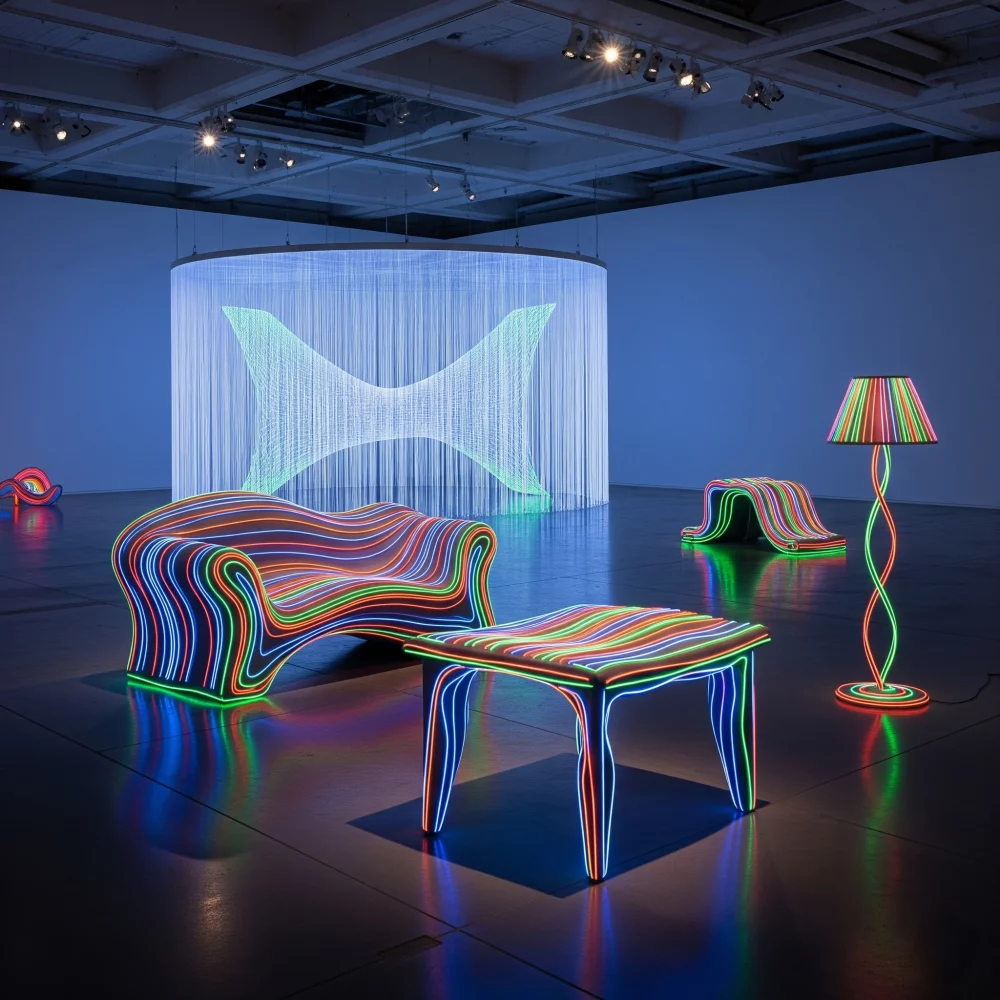 installation artistique lumineuse avec mobilier design néon coloré