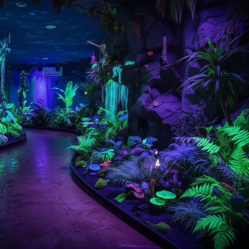 décor d'une allée avec des plantes fluorescentes dans un parc