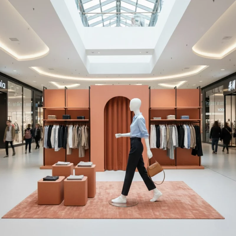 Concept store un concept store dans une allée de centre commercial. On y voit une décoration pour une boutique de vêtement temporaire.