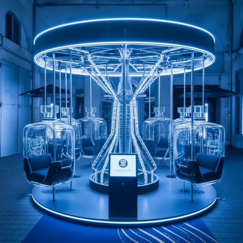 Manège avec sièges suspendus et éclairage néon bleu.
