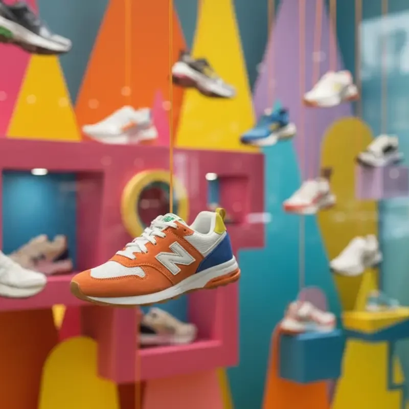 chaussure orange Une chaussure suspendu dans une vitrine de magasin de chaussure.