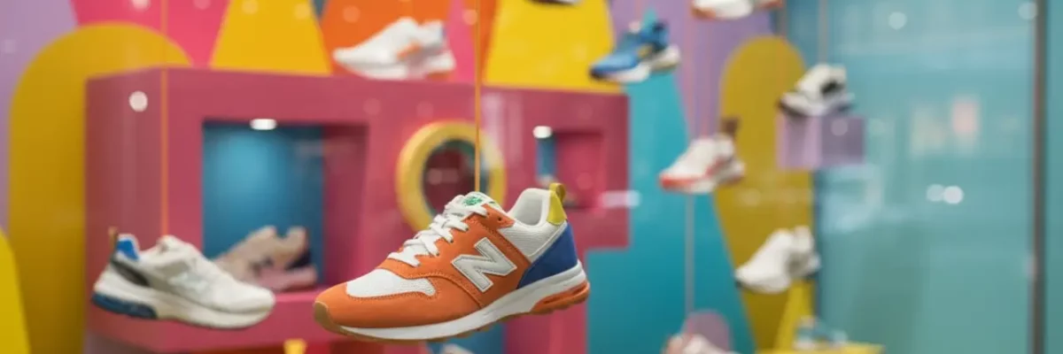 Une chaussure suspendu dans une vitrine de magasin de chaussure.