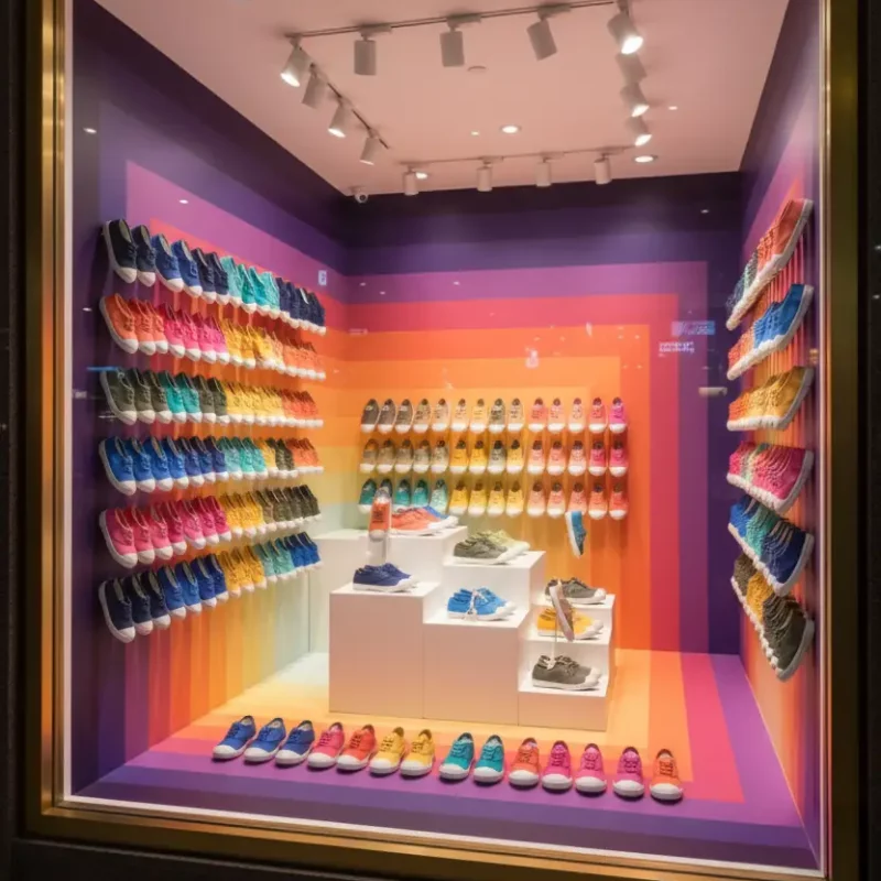 vitrine de magasin de chaussures colorées
