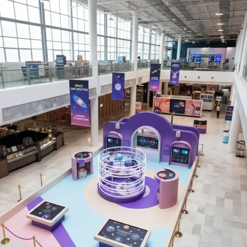 scénographie d'un exposition sur l'espace dans un centre commercial
