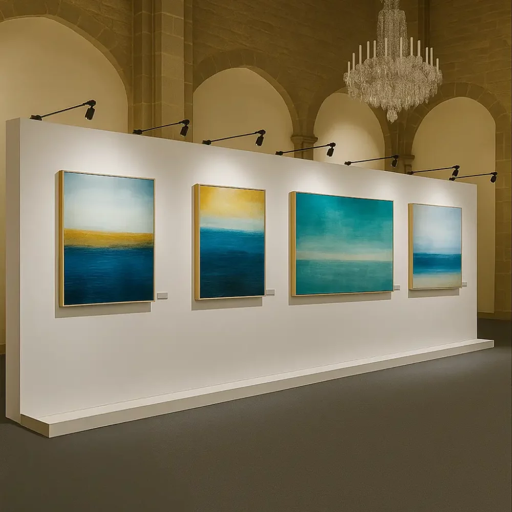 Des tableaux sur une cimaise blanche dans une exposition d'une église.