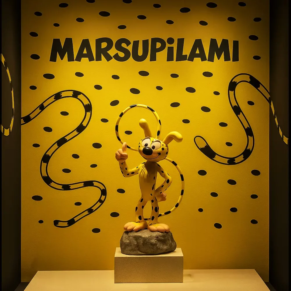 Une vitrine avec une sculpture Marsupilami